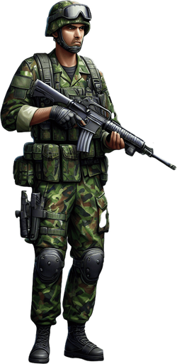 jungle soldier stand shoot the target right direction.
Single Game Texture.  In-Game asset.  2d.  Blank background.  High contrast.  No shadows
