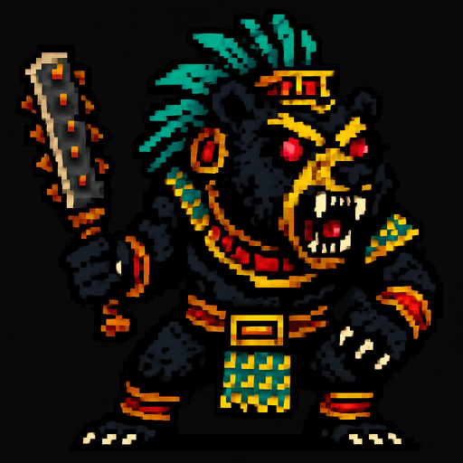 Genérame una Oso de Anteojos guerrero azteca con eso patrones, estilo pixelar, con una apariencia maligna, ojos rojos, rabioso. Unidad cuerpo a cuerpo.
In-Game asset.  2d.  High contrast.  No shadows