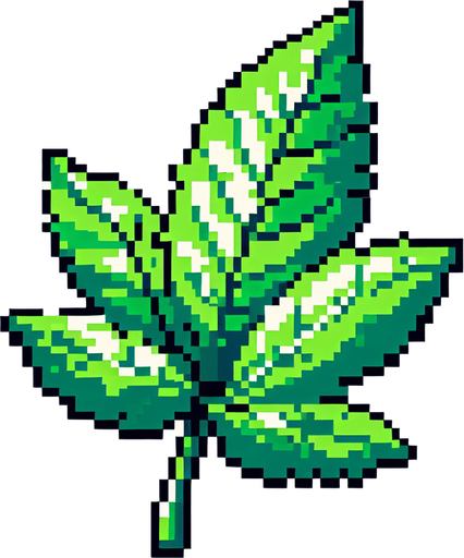 8 bit image anime green leaf.
Single Game Texture.  In-Game asset.  2d.  Blank background.  High contrast.  No shadows