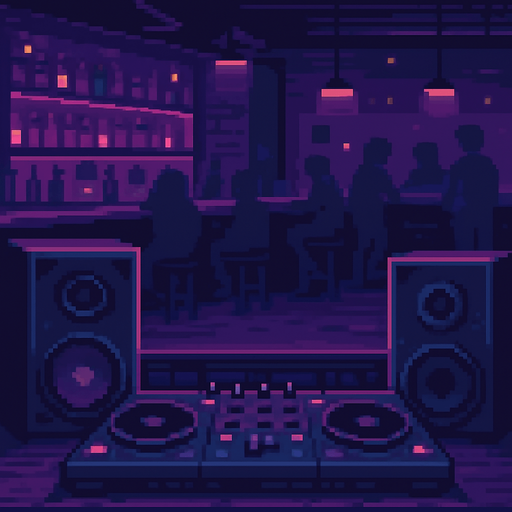 A cozy pixel art bar interior viewed from the DJ's perspective. A dimly lit, moody atmosphere with purple and deep blue neon tones. Visible DJ desk with mixer and speakers in the foreground, blurred bar counter and patrons in the background. Small glowing lights, bottles on shelves, soft lighting, and retro vibes. Resolution: 2048x2732. No characters in front, focus on ambiance and depth..
In-Game asset.  2d.  High contrast.  No shadows