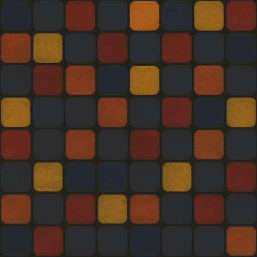 şekli ve mantığı bozma. her bir karenin rengine rasgele şu 4 renkten birini ekle ama sıvı boya mantığıyla düşün %15 ekle yanı hala koyu gri olsun ama çok az renk karıştır. turuncu, kırmızı, sarı, mavi her bir karenin rengine rasgele