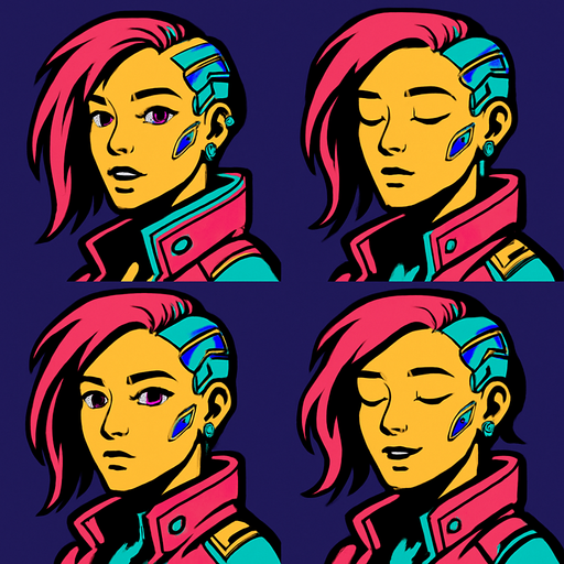 Cyberpunk girl looking to the camera by side, the half upper part of it only not all body, different frames opened eyes opened mouth, closed eyes closed mouth, opened eyes closed mouth, closed eyes opened mouth, each frame in one image.
In-Game asset.  2d.  High contrast.  No shadows