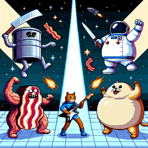 Epic clash of intergalactic tubs of lard and  anthropomorphic skillets cooking bacon while brandishing a switchblade knife versus a morbidly obese astronaut cat with a funny expression shooting sonic blasts from the fender Stratocaster being played, cinematic, exciting, 16-bit pixel art.
Single Game Texture. In-Game asset. 2d. Blank background. High contrast. No shadows.
