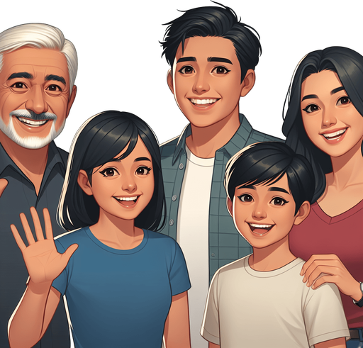 A smiling family waving..
Single Game Texture. In-Game asset. 2d. Blank background. High contrast. No shadows.