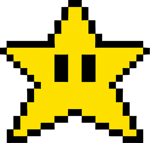 Yellow star with Black eyes style pixel art.
2d.  High contrast.  No shadows