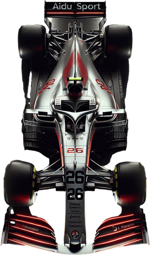 Photorealistic AUDI F1 race car, top view. 
Hex Color Code: #FF2A1B
Silver body with black stripes.
Luminous bright red rear wing and front wing, 
Audi's 4 piece of white ring on rear wing. 
White ,,Aidu Sport" text on front wing. 
red 26 number on nose.