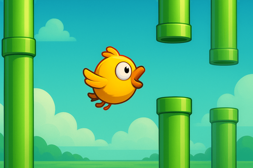 Fullscreen modern App Store landscape banner, 16:9, high definition, for a game titled "Flappy Wings" and with the description "Navigate a falling bird through pipe obstacles by tapping to flap and maintain flight altitude.". No text on banner!