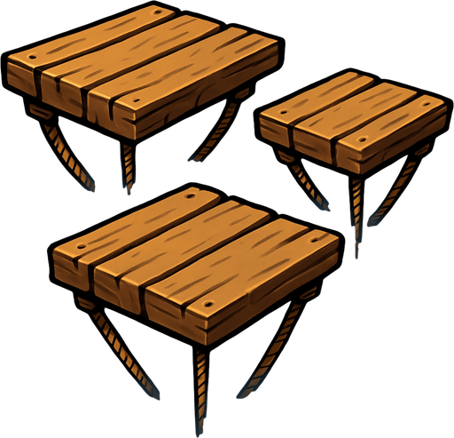 Tarimas con cuerdas tensadas flotando debajo..
In-Game asset.  2d.  High contrast.  No shadows