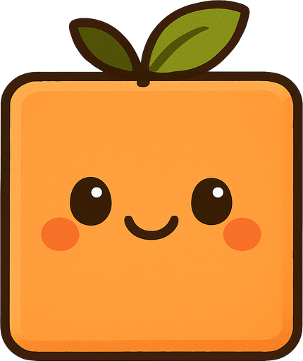 Square orange peach with cute happy face. Cartoon style. Cute art style. Simple vector style. No Shadow Single Game Texture. In-game asset. 2d. Blank background. High contrast. No shadow. square with corners