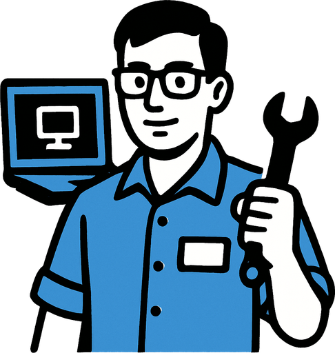 Mavi gömlekli bilgisayar teknikeri personeli.
In-Game asset.  2d.  High contrast.  No shadows