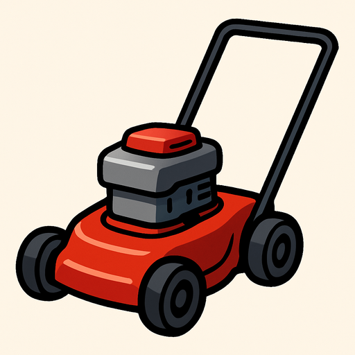 Una podadora de césped compacta y robusta, predominantemente de color rojo vibrante. Tiene un motor gris con una tapa roja en la parte superior. Cuenta con cuatro ruedas pequeñas y oscuras, y un mango largo y negro en forma de "U" invertida que se extiende hacia atrás..
In-Game asset.  2d.  High contrast.  No shadows