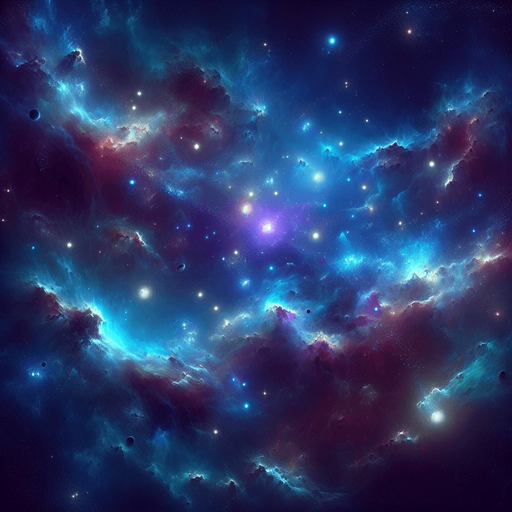 A vibrant and dynamic 2D space background for a top-down space shooter game. The scene features a deep, dark space filled with glowing nebulae in shades of blue and purple, scattered distant stars, and swirling cosmic dust. A subtle parallax effect is suggested with faintly glowing planets and asteroids in the background. The atmosphere is slightly mysterious and futuristic, with soft light gradients to create depth. The overall tone is immersive but does not distract from gameplay, ensuring clear visibility of player and enemy ships..
Single Game Texture.  Blank background.  High contrast.  No shadows