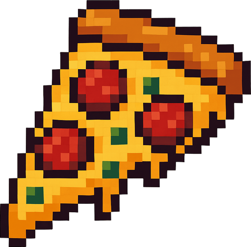 Pixilated pizza.
In-Game asset.  2d.  High contrast.  No shadows