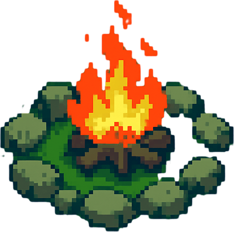 A post-apocalyptic green forest area with a campfire in the middle and stones around it,pixel art,less pixel,some bushes around.
In-Game asset.  2d.  High contrast.  No shadows. Pixel art
(View from above)