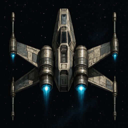 A detailed top-down view of a futuristic sci-fi starfighter inspired by classic space opera aesthetics. The ship has an X-shaped wing configuration with sleek, metallic surfaces, engine nacelles on each wingtip, and a compact central cockpit. The design features weathered textures, battle scars, and glowing blue thrusters. The wings are equipped with small laser cannons at the ends. The background is deep space with stars and a distant nebula. The ship appears to be flying or hovering, with subtle lighting and shadows to enhance depth. Highly detailed, concept art style, 4K resolution. Original and copyright-safe, inspired by retro starfighter designs..
In-Game asset.  2d.  High contrast.  No shadows