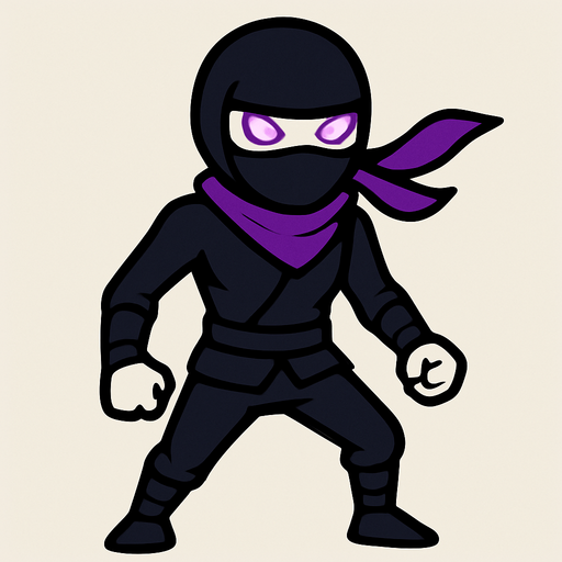 A ninja wearing tight black clothes, purple scarf, masked face, white skin, glowing purple eyes, slim and agile body, simple background, front-facing character with no background, standing pose, 2D game character.
In-Game asset.  2d.  High contrast.  No shadows