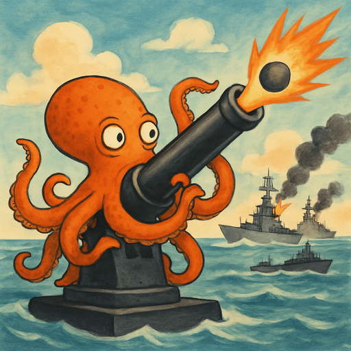 un pulpo naranja frenetico disparandole a buques de guerras encima de un cañon negro.
que se vea el fondo del cielo y el mar pero que no este enojado sino calmado