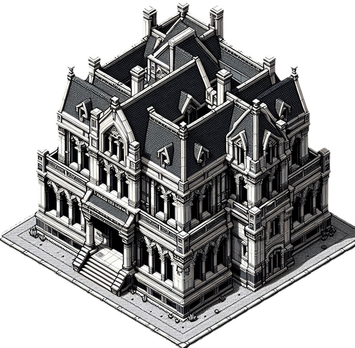 top down view of building.
Single Game Texture.  In-Game asset.  2d.  Blank background.  High contrast.  No shadows