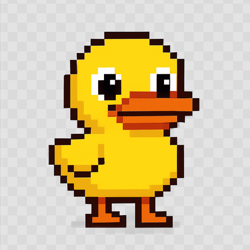 El pato debe ser un personaje simpático y reconocible en estilo pixel art, con cuerpo amarillo redondeado, pico naranja ancho y ojos grandes y amigables; debe estar de pie sobre dos patas naranjas, con pequeñas alas a los costados, y puede tener una expresión alegre o curiosa; su diseño debe ser simple pero encantador, con animación sutil como un leve balanceo, parpadeo o aleteo, y fondo transparente; opcionalmente puede llevar un gorrito, flotador o bufanda para agregar personalidad, siendo perfecto para un juego casual, infantil o humorístico..
In-Game asset.  2d.  High contrast.  No shadows