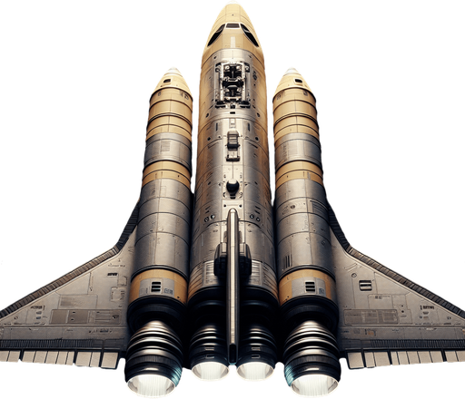 Create a highly detailed image of a space shuttle top view with no angel soaring through deep space. The shuttle should have a sleek, aerodynamic design with visible engines emitting a faint blue glow. It should feature realistic textures, metallic surfaces, and visible symbols. Make the shuttle color Yellowish. Make it straight going forward.
Single Game Texture. In-Game asset. 2d. Blank background. High contrast. No shadows.