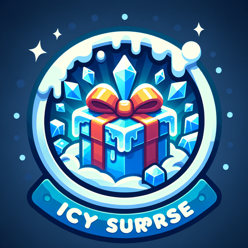 Icon for a froozen christmas present, on a circle, with the text „icy Surprise“ at top, cartoon Single Game Texture. In-Game asset. 2d. Blank background. High contrast. No shadows.