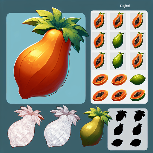 papaya fruit.
Single Game Texture.  In-Game asset.  2d.  Blank background.  High contrast.  No shadows