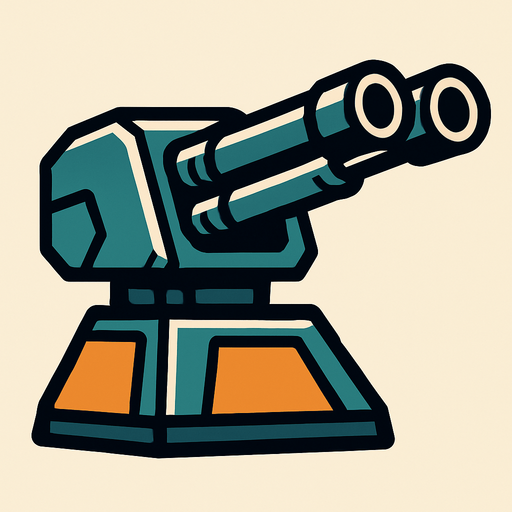 A duo barrel turret.
In-Game asset.  2d.  High contrast.  No shadows