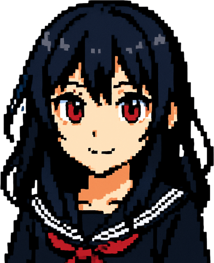 Beautiful anime-style girl with black hair and red eyes. Game image. 2D. High contrast. No shadows. Pixel art..
In-Game asset.  2d.  High contrast.  No shadows
