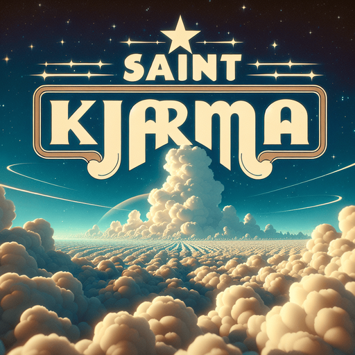 epic landscape intro in the clouds. cartoon 2d style. It has the title: "Saint Karma"