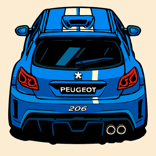 Mavi ve asiri Spor olarak ozellestirilmis bir peugeot 206 arkasi ama yukaridan.
In-Game asset.  2d.  High contrast.  No shadows