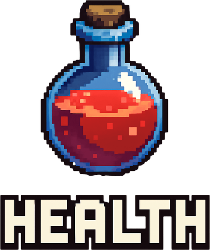 Escreva abaixo da poção o texto "HEALTH", ARTE PIXEL 32BITS