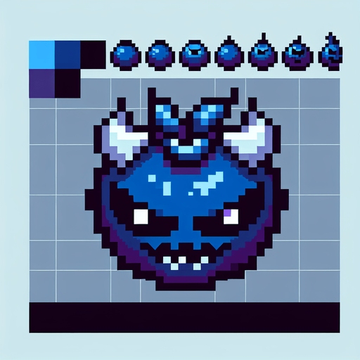 a demonic blueberry pixel style.
Single Game Texture.  In-Game asset.  2d.  Blank background.  High contrast.  No shadows