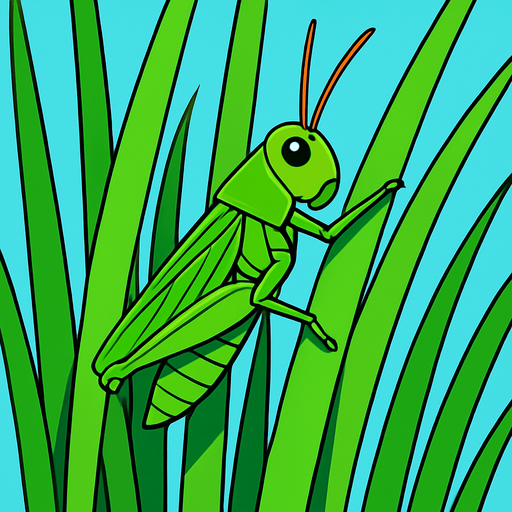 gambar 2d anime belalang hijau menempel di rumput panjang.
In-Game asset.  2d.  High contrast.  No shadows
