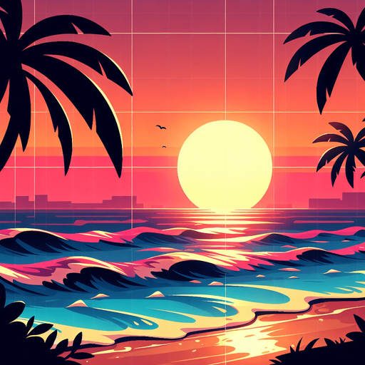 A sunset beach background with waves and palm trees..
Single Game Texture.  In-Game asset.  2d.  Blank background.  High contrast.  No shadows