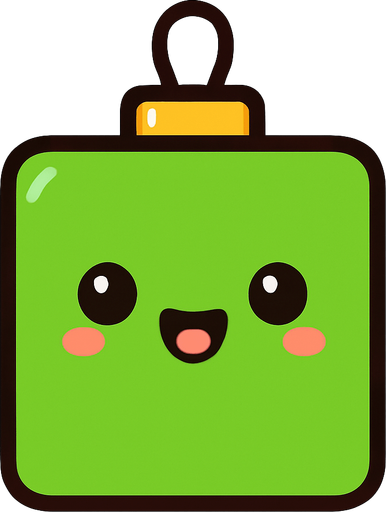 Perfectly square bright green Christmas decoration with cute happy face. Cartoon style. Cute art style. Simple vector style. No Shadows