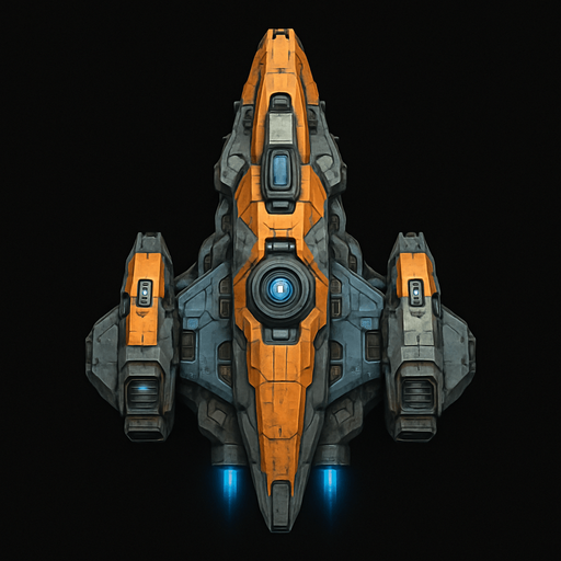 Uzay temalı Savaş Gemisi, gerçekçi, yazısız üstten görünüm. 
In-Game asset.  High contrast.  No shadows