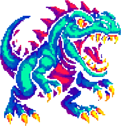 90'lardaki retro oyun dinazoru. vahşi olsun. diğer canavarlarda gibi olmayan renk olsun
In-Game asset.  2d.  High contrast.  No shadows