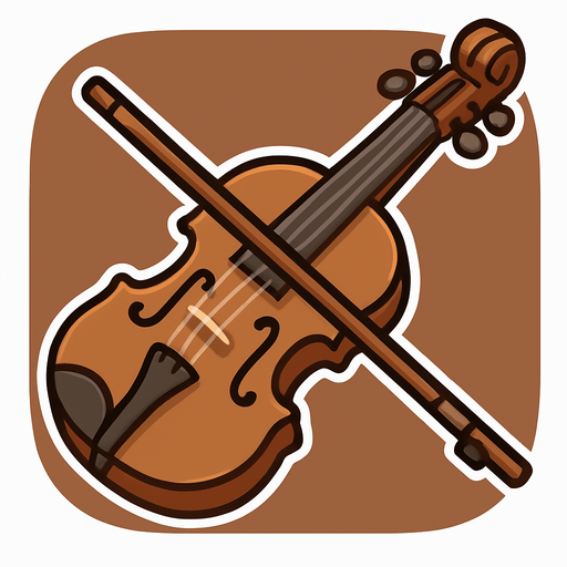 A cartoon-style 2D illustration of a traditional fiddle (similar to a violin) with a bow placed beside or over it. The fiddle should have a warm brown wooden body with visible f-holes, four strings, and tuning pegs. Add soft shadows, rounded edges, and a clean outline. The overall style should feel friendly and suitable for mobile games. Export the image as a transparent rounded brown background PNG, usable as a clickable icon in a music quiz game..
In-Game asset.  2d.  High contrast.  No shadows