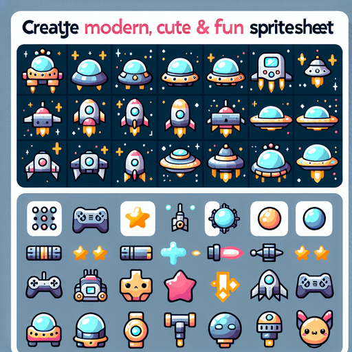 Spritesheet, modern, mobile game, cute, fun.
Including spaceships, UFOs, Guns, Boosters, Powerups, Asteroids..
In-Game asset. 2d. Blank background. High contrast. No shadows.
