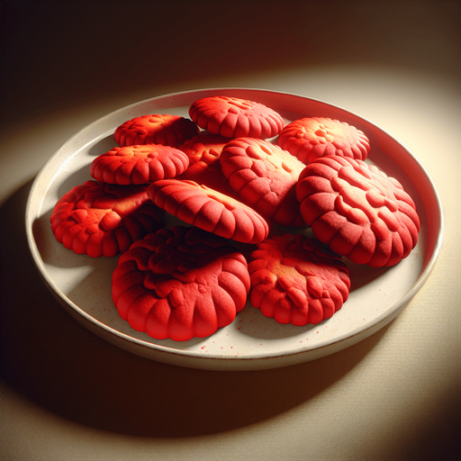 photorealistic red plate of cookies, profile view.