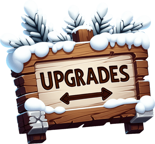 A wooden sign with text "UPGRADES" in a winter theme.
Single Game Texture. In-Game asset. 2d. Blank background. High contrast. No shadows.