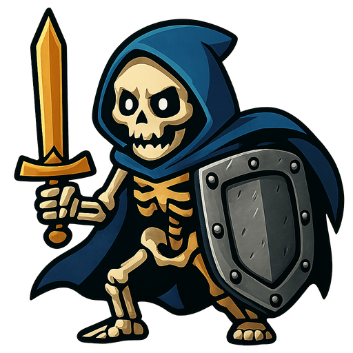 Skeleton with a blue hoodie and cape, golden sword and a reinforced iron shield.
In-Game asset.  2d.  High contrast.  No shadows