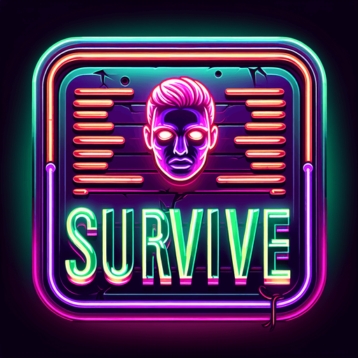 retro sign that says "Survive" with an face symbol in neon colors...
Single Game Texture. In-Game asset. 2d. Blank background. High contrast. No shadows.