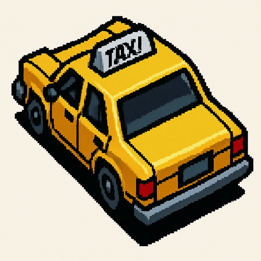 taxi, seen from behind Top-down right angle, gta2, Single Game Texture. In-Game asset. 2d. Blank background. High contrast. No shadows.isometric.
In-Game asset.  2d.  High contrast.  No shadows