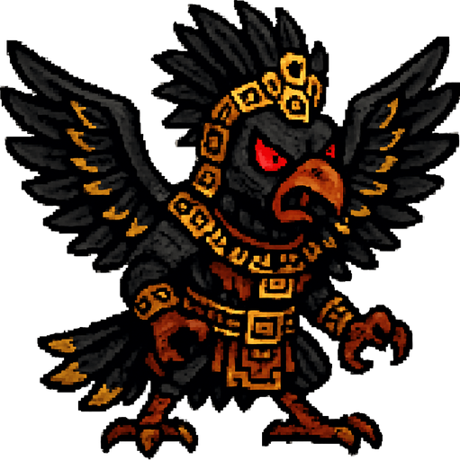 Genérame una Paujil guerrero azteca con eso patrones, estilo pixelar, con una apariencia maligna, ojos rojos, rabioso. Unidad aerea con alas. Animal.
In-Game asset.  2d.  High contrast.  No shadows