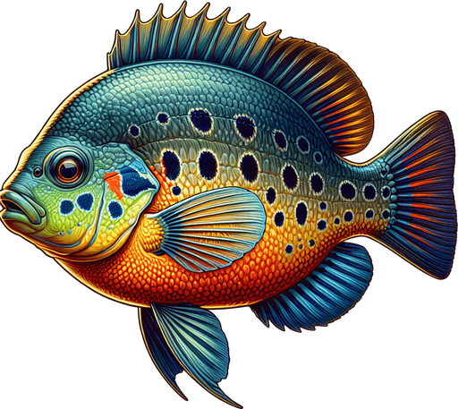 a realistic sunfish.
Single Game Texture. In-Game asset. 2d. Blank background. High contrast. No shadows.