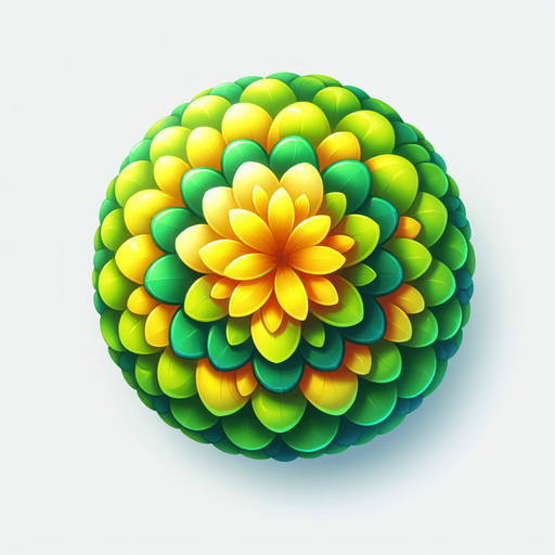 A round green and yellow flower. Top down view.
Single Game Texture. In-Game asset. 2d. Blank background. High contrast. No shadows.