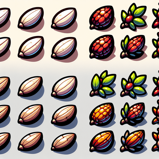 A sprite sheet of seeds. Cartoon..
Single Game Texture. In-Game asset. 2d. Blank background. High contrast. No shadows.