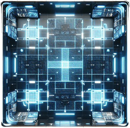 A high-tech command center with a glowing grid floor and sleek metallic walls. The room is viewed from directly above and has open entrances centered in the middle of each wall (top, bottom, left, and right) for easy transitions. Neon lights and holographic screens line the walls, casting a blue glow..
Full-frame, top-down view of a futuristic command center. Glowing grid floor, metallic walls, neon lights. Open entrances centered on each wall: top, bottom, left, and right. Blue glow, no perspective distortion.