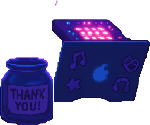 A 2048x2732 vertical pixel art background for a “Support Us” screen in a rhythm-based pixel art game. The scene continues the cozy neon-lit DJ room theme from the main menu, but zooms in slightly on the desk. A pixel-art tip jar labeled “Thank you!”, a laptop covered in music-themed stickers, coffee mugs, and glowing synth equipment are visible. Lighting remains dreamy and lo-fi with purples and soft blues. The mood feels warm, humble, and inviting. No characters or text — just the environment.. In-Game asset. 2d. High contrast. No shadows.
In-Game asset.  2d.  High contrast.  No shadows